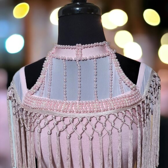 Pink Off the Shoulder Pearl Fringe Tassel Body-Con Halter Short Dress - Picture 6 of 10